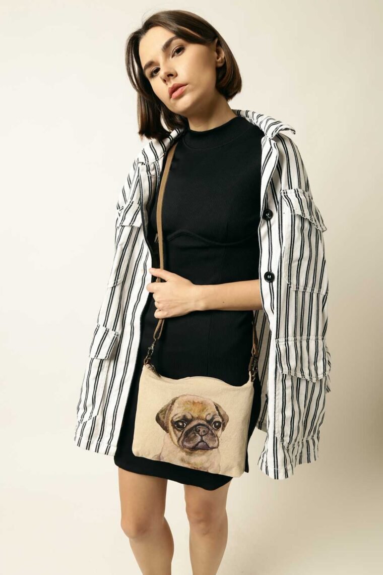 Pug Dog Lifting Canvas and Leather Sling Bag